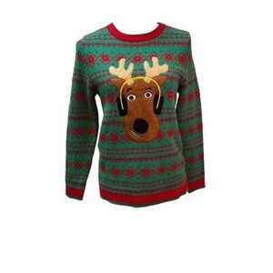 Christmas Sweater‎ Reindeer Graphic Green Red Holiday Fun Novelty